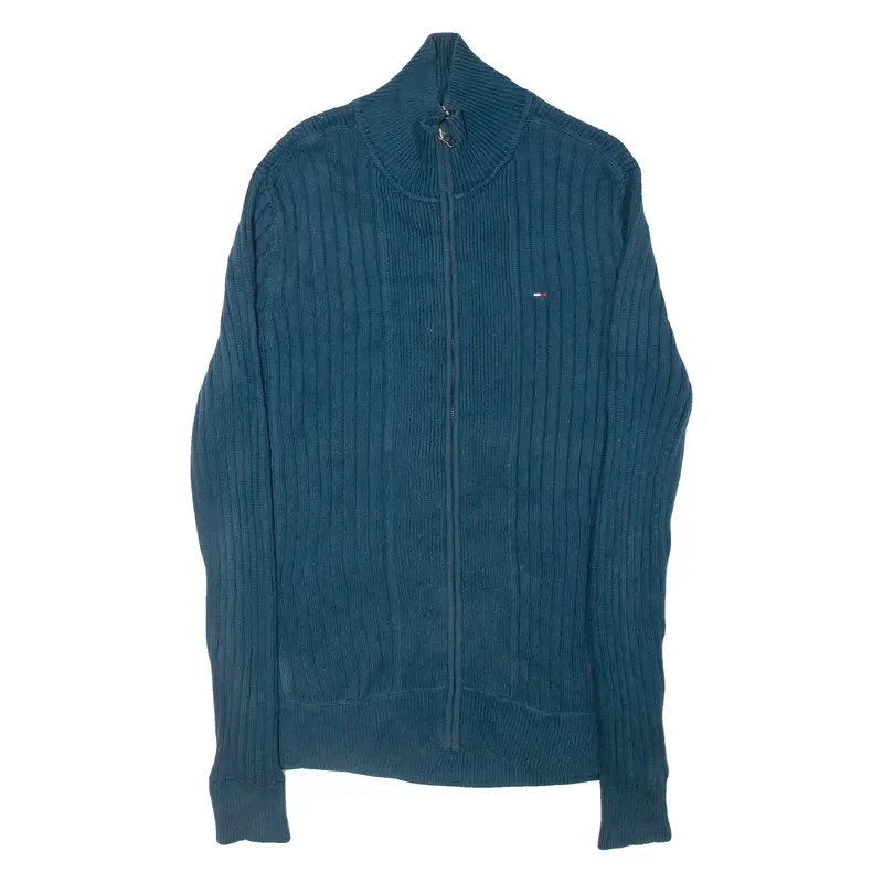 TOMMY HILFIGER Mens Cardigan Green High Neck Tight Knit L