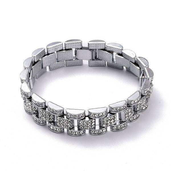 Men's Crystal Rhinestone Solid Link Chain Bracelet