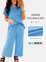 Women's Twisted Ribbed Knit Solid Color Set - Round-neck Short Sleeve T-Shirt & Wide Leg Pants with Side Pockets, Casual Comf...