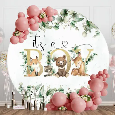 Leaves Animals Round Baby Shower Backdrop For Boy - Aperturee