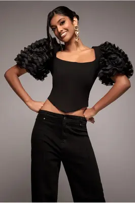 Goddiva 3D Textured Sleeve Scuba Corset Top - Black