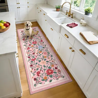 Garvee 2x6 Floral Bathroom Runner Rug Machine Washable Non-Slip Pink Soft Low Pile Lightweight Indoor Floor Mat