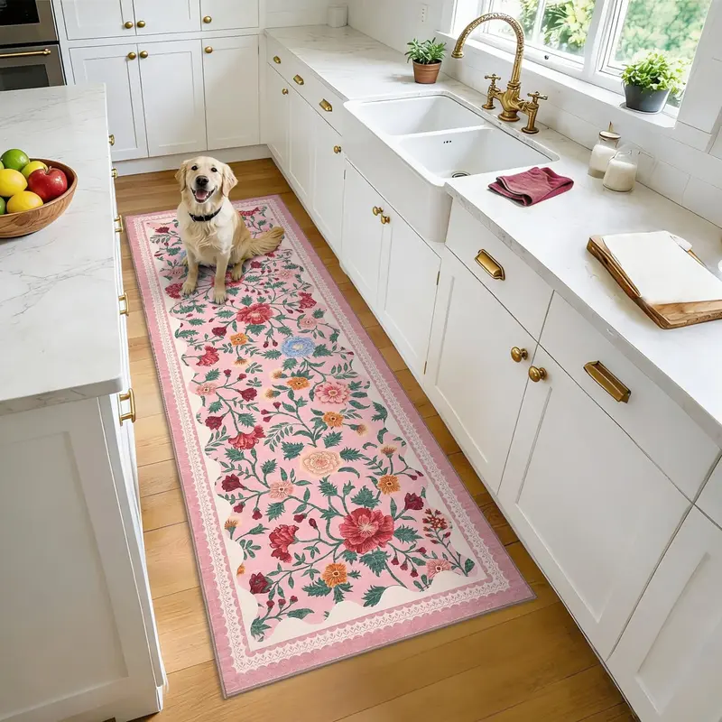 Garvee 2x6 Floral Bathroom Runner Rug Machine Washable Non-Slip Pink Soft Low Pile Lightweight Indoor Floor Mat