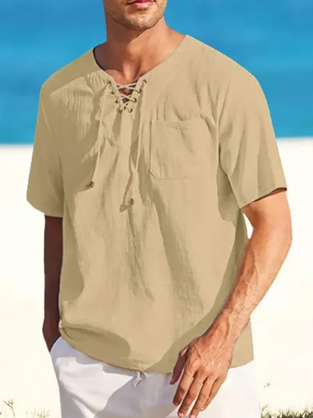 Casual Linen Style V Neck Shirts (US Only), Khaki / XL