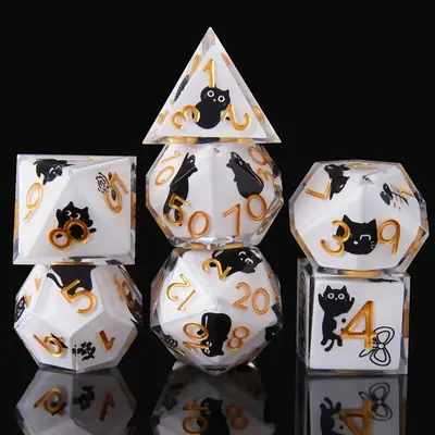YEMEKO 7-Piece Resin Dice-in-Dice Black Cat Set Handmade Polyhedral DND Dice for RPG & Tabletop Games Natural Resin Material ...