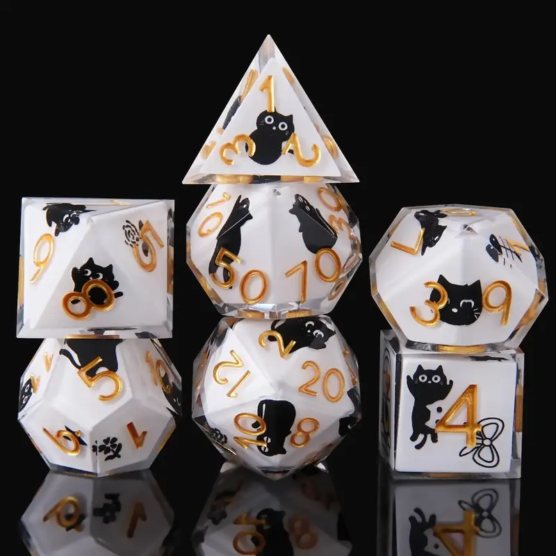 YEMEKO 7-Piece Resin Dice-in-Dice Black Cat Set Handmade Polyhedral DND Dice for RPG & Tabletop Games Natural Resin Material ...