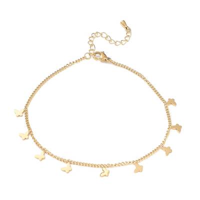 Ion Plating(IP) 304 Stainless Steel Butterfly Charm Anklet with Curb Chains for Women