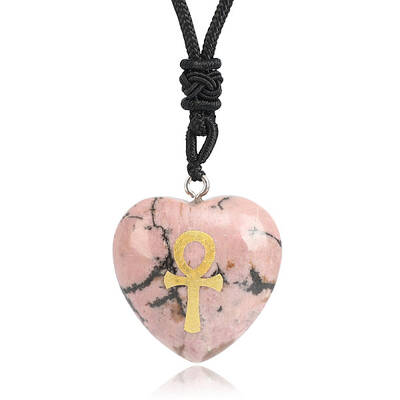 Natural Rhodonite Heart Engraved AnKh Cross Pendant Personalized DIY Necklaces