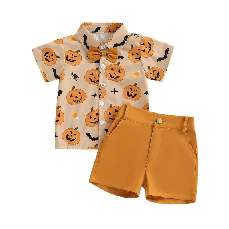 Toddler Baby Boy Halloween Outfit Pumpkin Print Turn Down Collar Short Sleeve Shirt with Shorts 2 Pcs Set for Fall