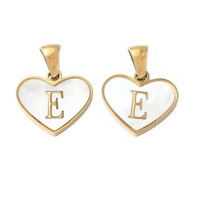 304 Stainless Steel Pave Natural White Shell Heart with Initial Slice Pendants