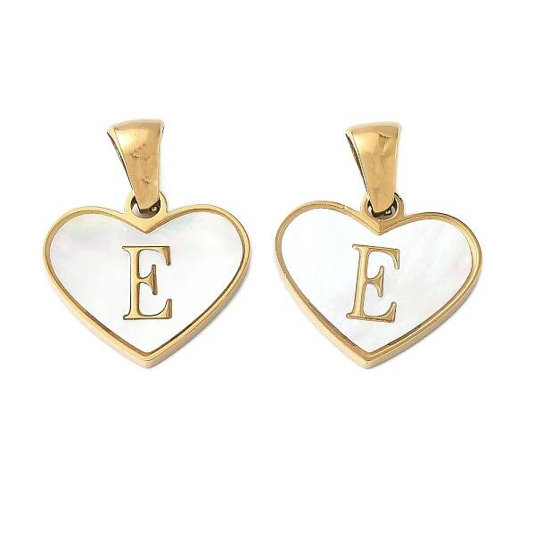 304 Stainless Steel Pave Natural White Shell Heart with Initial Slice Pendants