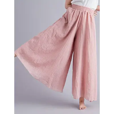 Women'S Culottes Skirt Pants Loose Fit Solid Elastic Waist Wide Leg  Trousers for Summer Cotton Fabric Bottoms Womenswear