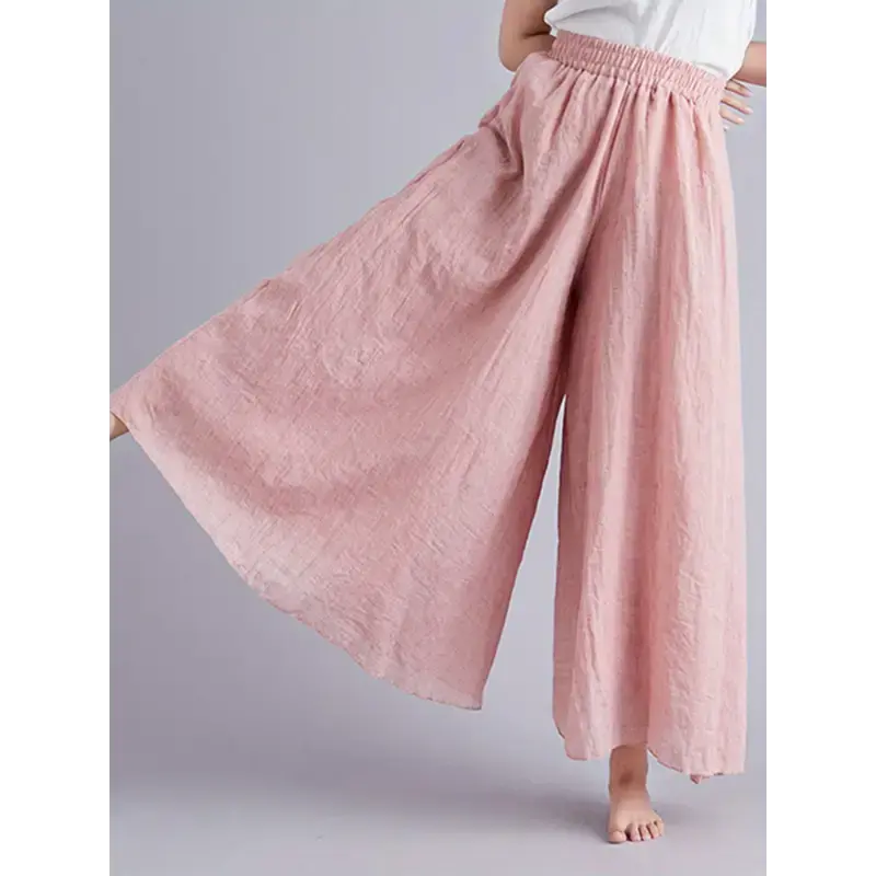 Women'S Culottes Skirt Pants Loose Fit Solid Elastic Waist Wide Leg  Trousers for Summer Cotton Fabric Bottoms Womenswear