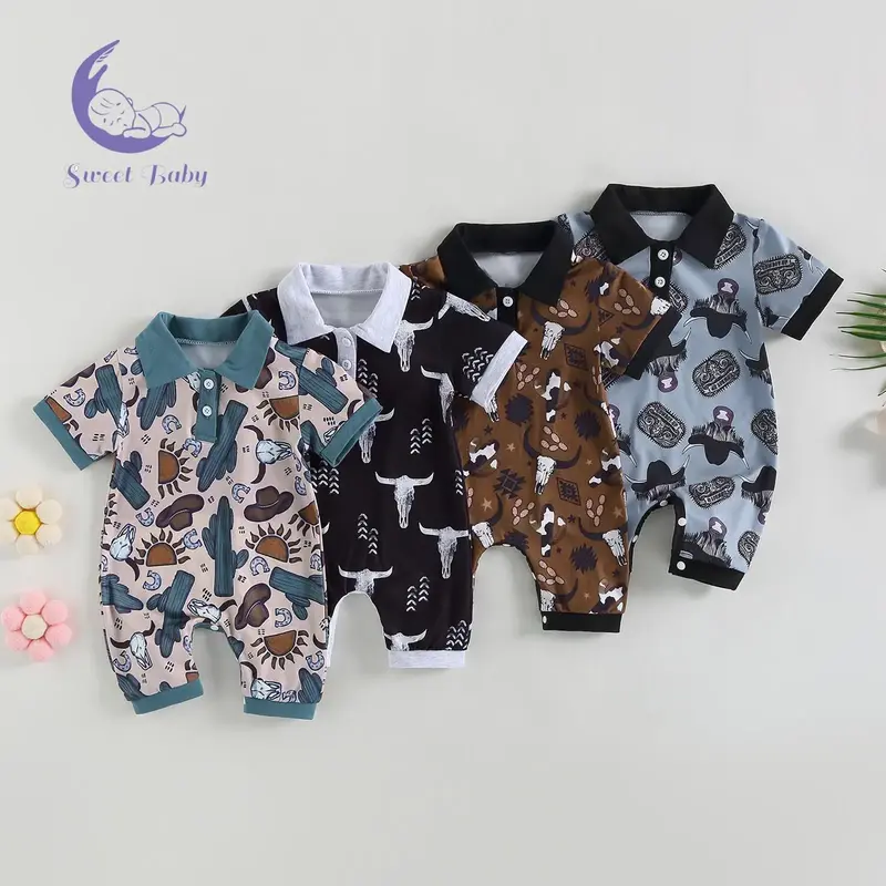 Baby Boys Summer Jumpsuit Casual Bull Head Print Short Sleeve Romper for Newborn Infant Clothes Clothing Cute Clothes baby st...