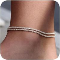 TEWIKY Dainty 14K Gold Plated Layered Waterproof Anklet For Women Adjustable Womens Anklet Figaro Beaded Cuban Link Anklets D...