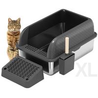 X Large Stainless Steel Cat Litter Box High Sided Covered Lid Enclosure Includes Litter Scoop with Holder Trapping Mat Essent...