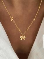 Initials Letter Bow Design Pendant Necklace for Women, Statement Necklace, Stainless Steel Jewelry for Party, Daily Clothing ...