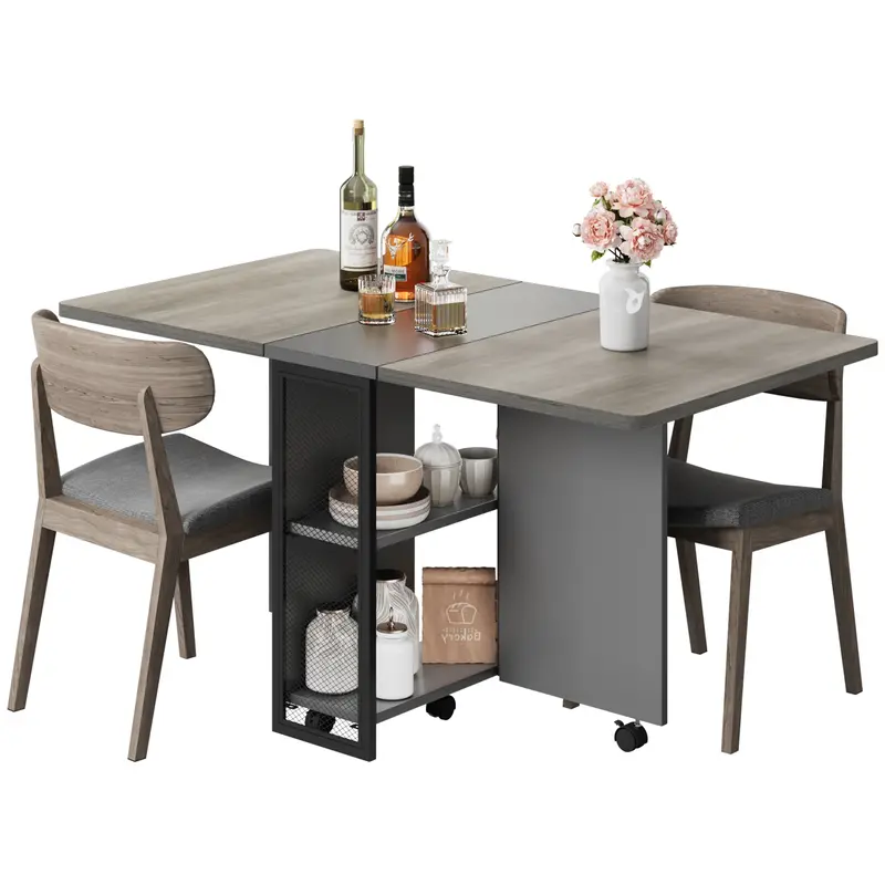 Garvee Folding Dining Table with 2 Tier Storage, Extendable Kitchen Table, Drop Leaf Table, Rectangle Dining Room Tables Set ...