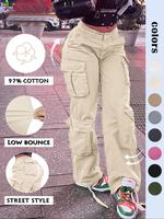 Women's Solid High Waist Cargo Pants, Casual Comfortable Basic Kpop Style Pocket Design Trousers for Daily Wear, Ladies Botto...