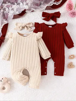 Baby Girl's Solid Long Sleeve Jumpsuits & Accessories 4 Piece Set, Cute Warm Clothes for Infant Toddler Kids, Newborn Baby Gi...