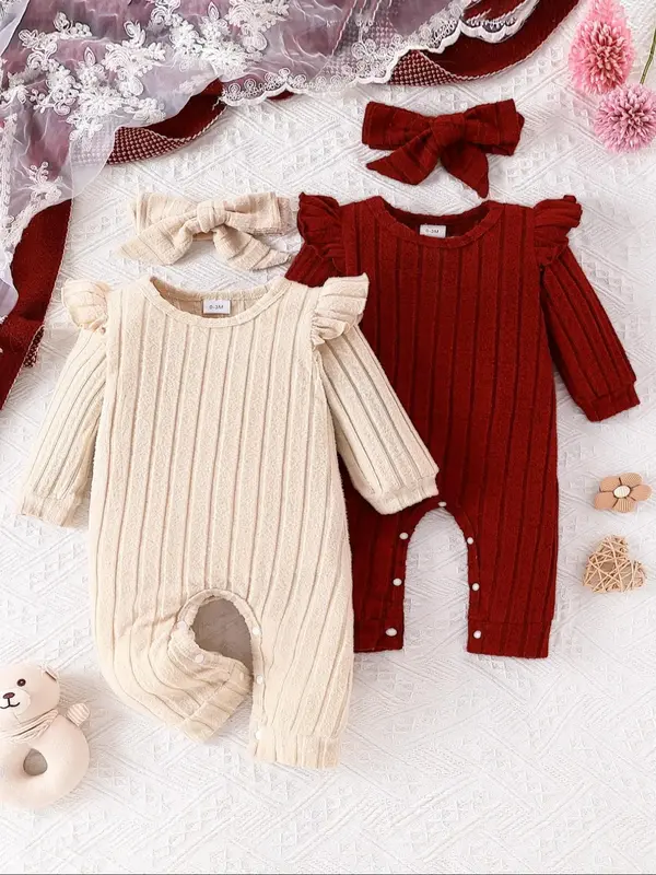 Baby Girl's Solid Long Sleeve Jumpsuits & Accessories 4 Piece Set, Cute Warm Clothes for Infant Toddler Kids, Newborn Baby Gi...