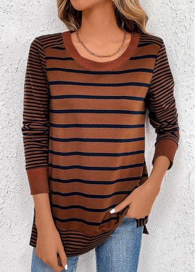 Modlily Dark Coffee Patchwork Striped Long Sleeve T Shirt - L
