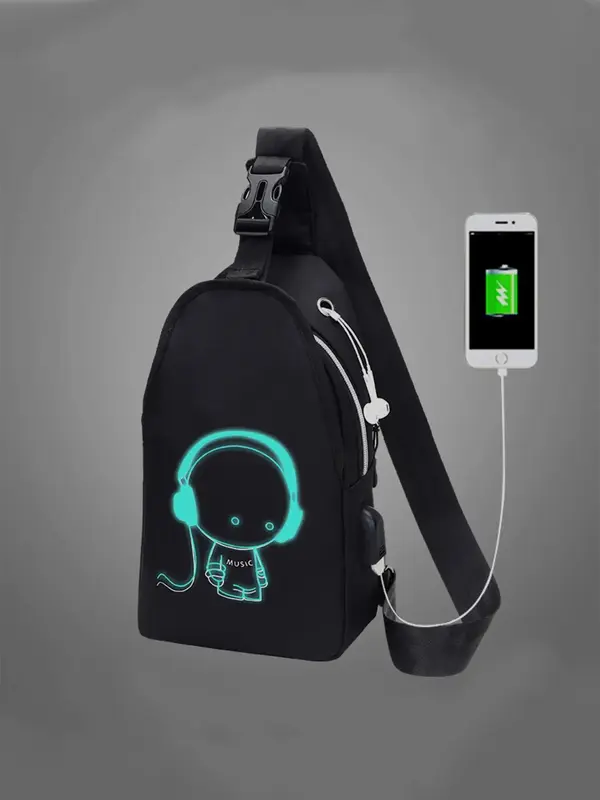 Unisex Simple Style Cartoon Pattern Zip-up Belted Sling Bag with Usb & Earphone Port, Casual Sportive Fanny Pack for Women, F...