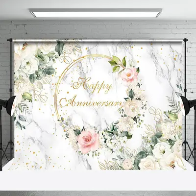 Marble Floral Greenery Happy Anniversary Backdrop - Aperturee