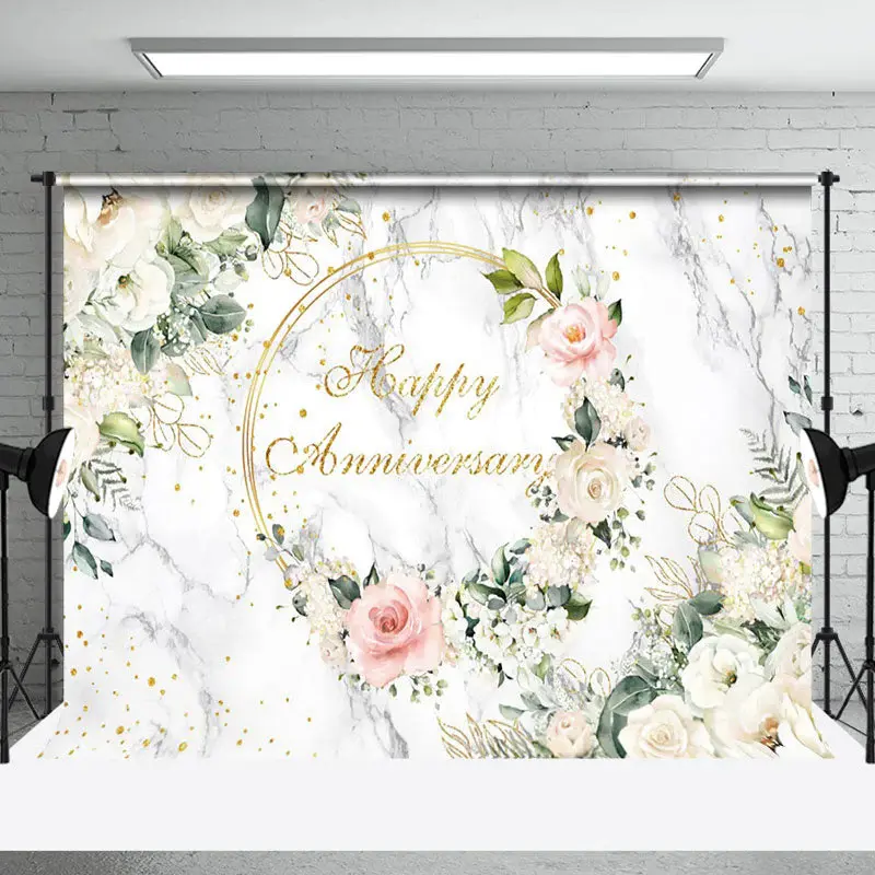 Marble Floral Greenery Happy Anniversary Backdrop - Aperturee