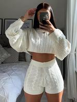 Women's Polyester Solid Drop Shoulder Crop Sweater & High Waist Shorts Set, Fall Outfits, Soft Comfort Womenswear for Lady, C...