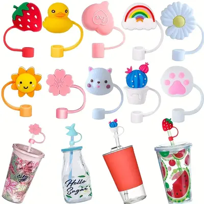 1 Set Cartoon Plants & Animals Design Straw Cover Without Straw, Reusable Dustproof Silicone Straw Cap, Drinkware Accessories