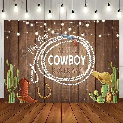 Aperturee Little Cowboy With Brown Wood Baby Shower Backdrop