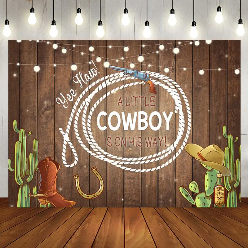 Aperturee Little Cowboy With Brown Wood Baby Shower Backdrop