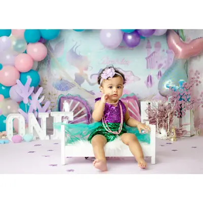 Purple Balloon Pearl Mermaid 1st Birthday Backdrop - Aperturee