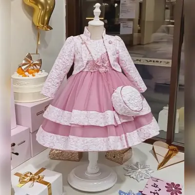 3-Piece Girls' Floral Embroidery Dress Set (Jacket + Purse) – Double-Layer Butterfly & Pearl Wedding Dress for Graduation, ...