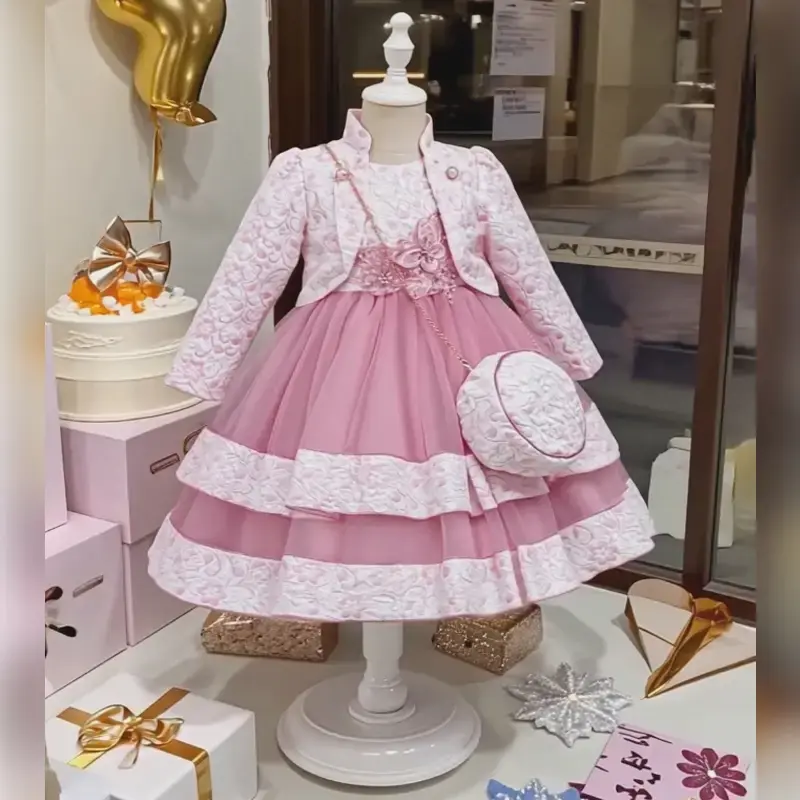 3-Piece Girls' Floral Embroidery Dress Set (Jacket + Purse) – Double-Layer Butterfly & Pearl Wedding Dress for Graduation, ...