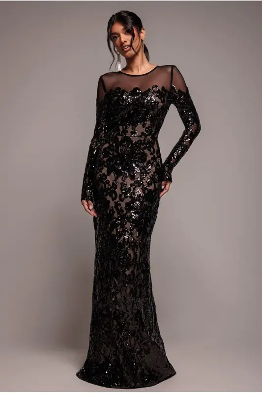 Goddiva Floral Sequin Mesh Maxi - Black