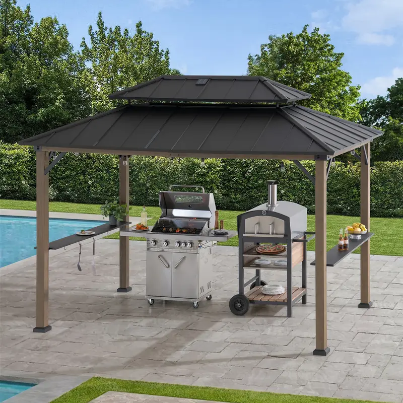 SUNJOY 8x12 Brown Wood Grill Gazebo with Solar Power and Shelves