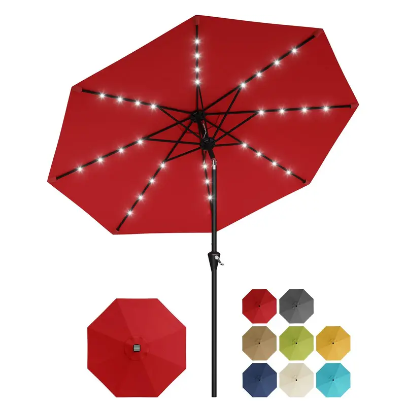 Garvee 10 ft Solar Patio Umbrella with 32 LED Lights, Outdoor Market Umbrella with Crank Lift & Tilt, UV-Resistant Canopy for...