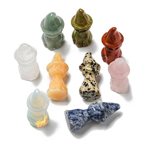 Natural & Synthetic Gemstone Carved Healing Cat with Witch Hat Figurines