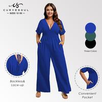 【Plus Size】Curvesoul V-Neck Smocked Waist Dolman Short Sleeve Pocket Shirred Wide Leg Jumpsuit Summer Style