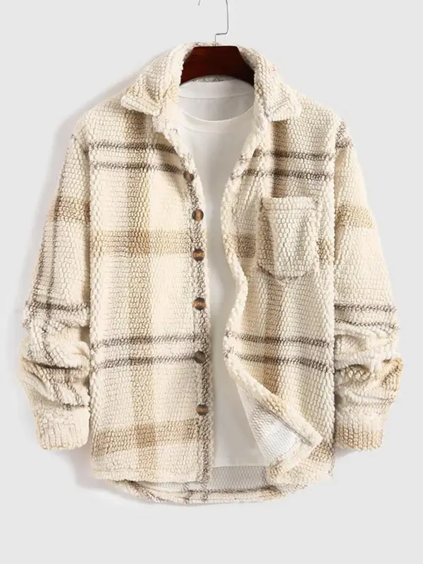 【Please Purchase A Size Up】Men's Plaid Print Button Front Fleece Winter Jacket, Casual Comfortable Warmth Regular Fit Lon...