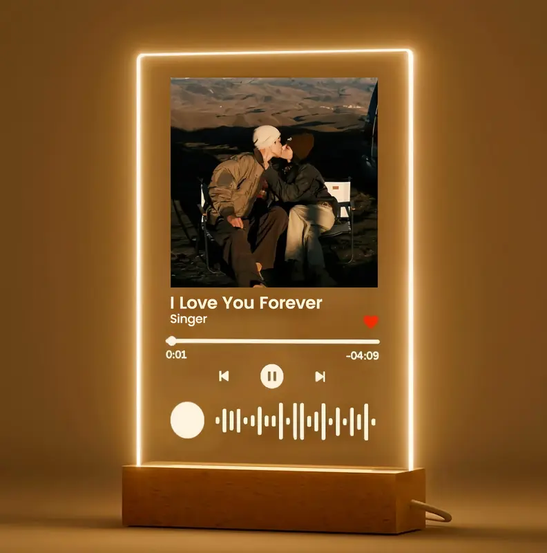 Personalized LED Night Light Photo Plaque with Scannable Song Code, Custom Music Plaque Night Light Gift for Valentine's Day,...