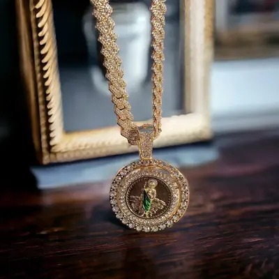 Roulette Chain 14k Gold Plated Necklace with Spinning Coin and Prong Set CZ Stones