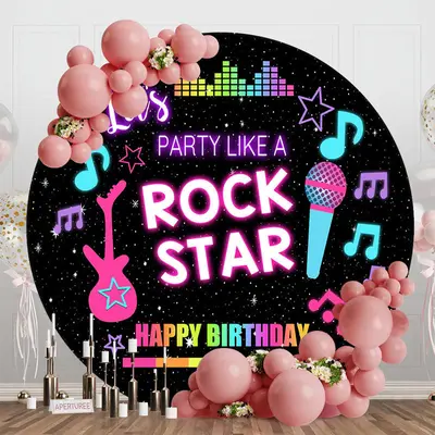 Rock Star Musical Black Round Backdrop For Birthday - Aperturee