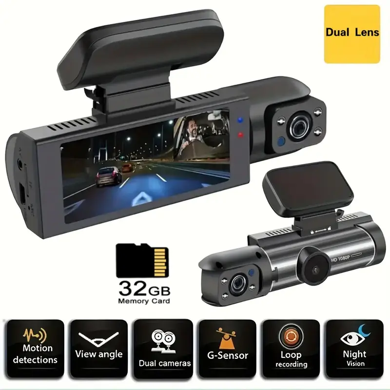 3.16'' Screen Car Interior Dashcam with 32G Card, 1080p HD Car Dash Cam, Front & Inside Dual Recording Car DVR with IR Night ...