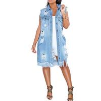 Women's Distressed Denim Vest Boyfriend Style Mid Long Ripped Jean Vest Chic Womenswear Tops