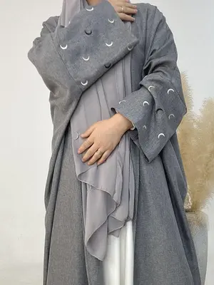 Women's Moon Embroidery Long Sleeve Open Front Abaya, Elegant Long Abaya for Party Holiday Vacation, Ladies Fall & Winter Clo...