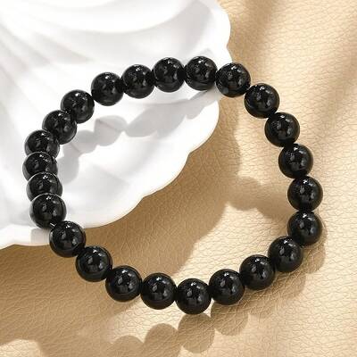 Natural Dyed & Heated Black Agate Beaded Stretch Bracelets