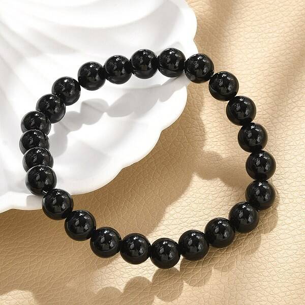 Natural Dyed & Heated Black Agate Beaded Stretch Bracelets